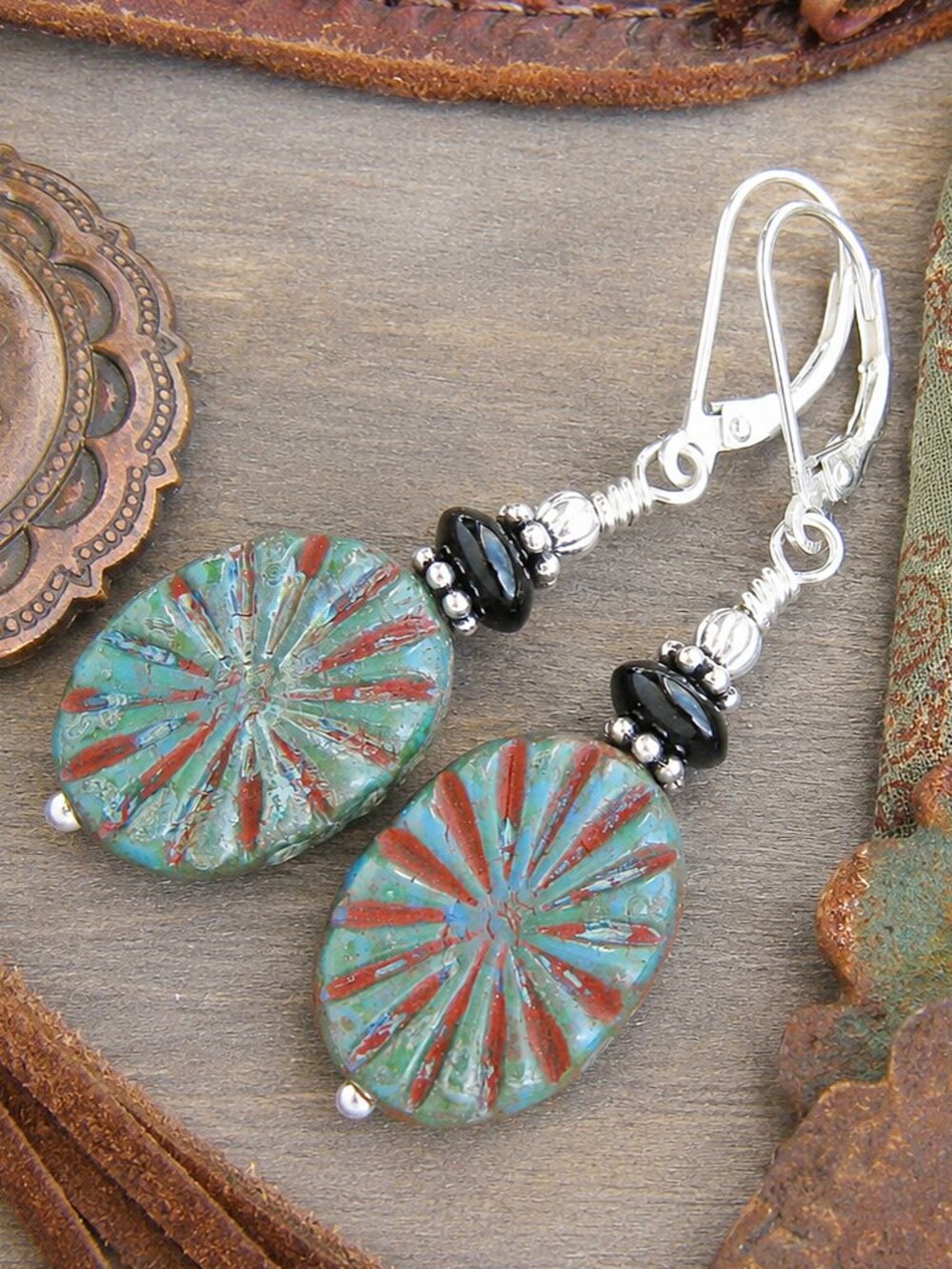 Western Earrings Czech Glass Concho With Onyx, Sterling Silver, Leverback